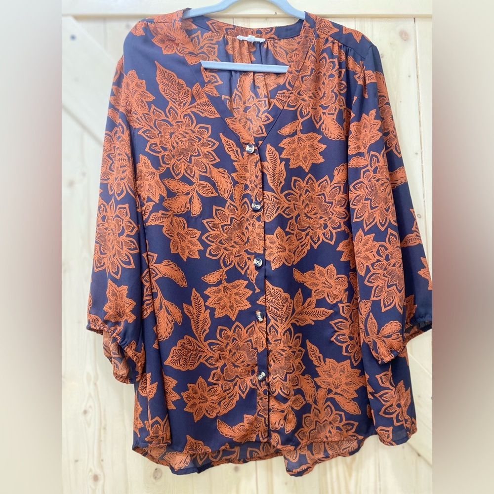 ❤️❤️Floral Orange & Black Boho Flared Leopard Button Down LongSleeve Blouse